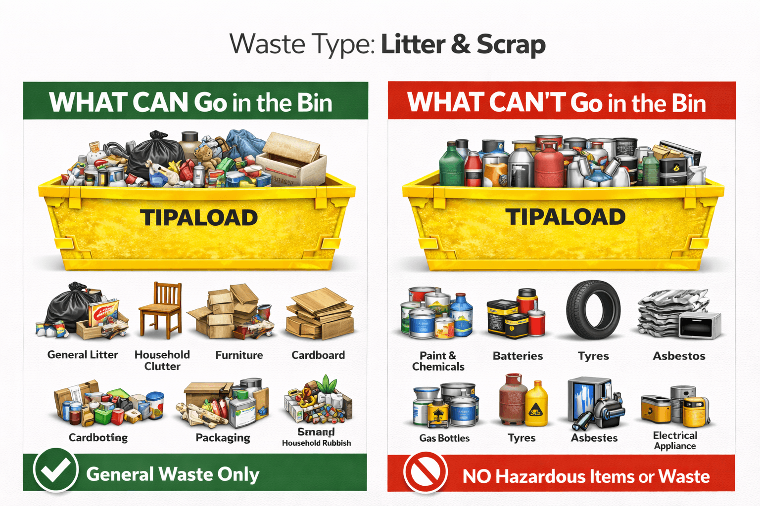What CAN and CAN'T go in a litter and scrap skip bin - visual guide
