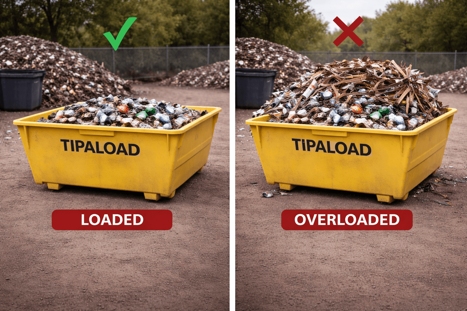 Litter and scrap load guide - loaded vs overloaded skip bin comparison