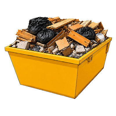 Side view of an overloaded skip bin with waste above the rim