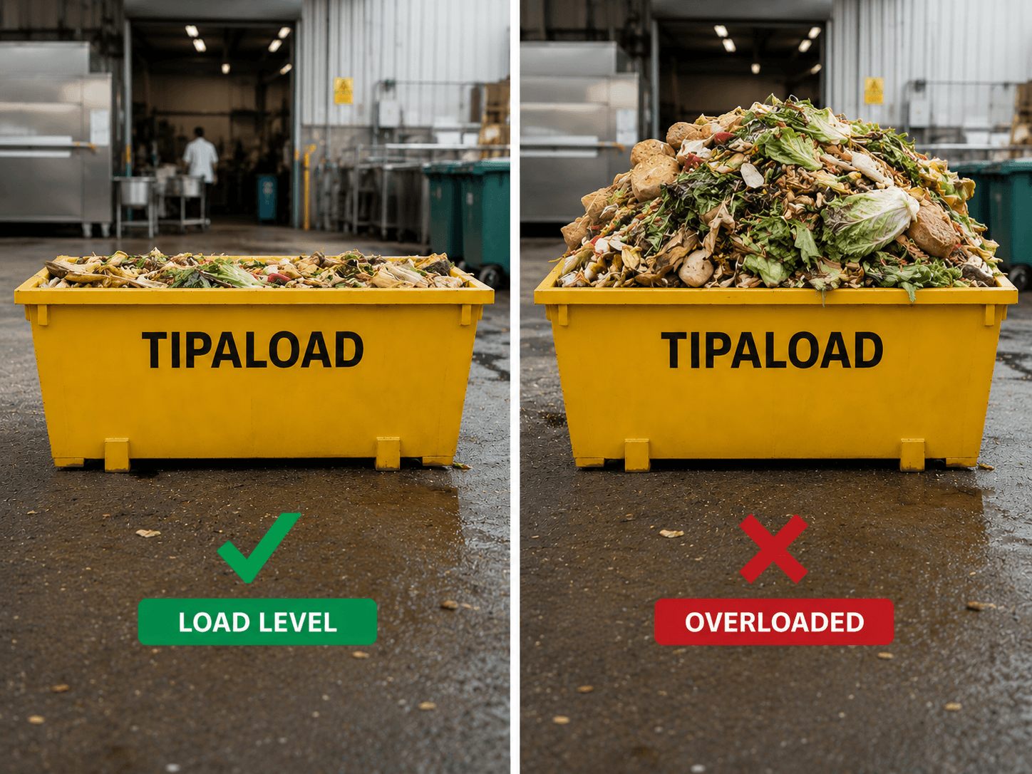 Putrescible food waste skip bin load guide - loaded vs overloaded comparison