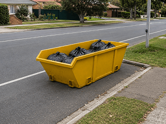 Skip bin placed on a public road with kerb and roadway visible