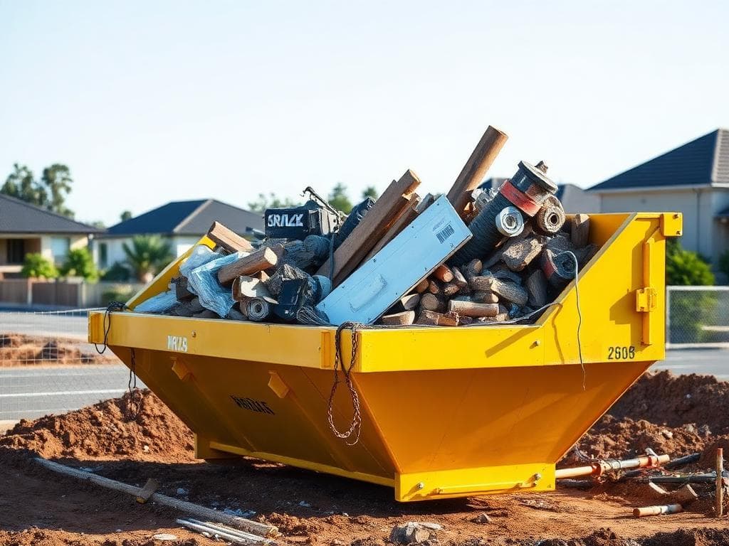 Yellow skip bin on construction site demonstrating safety compliance