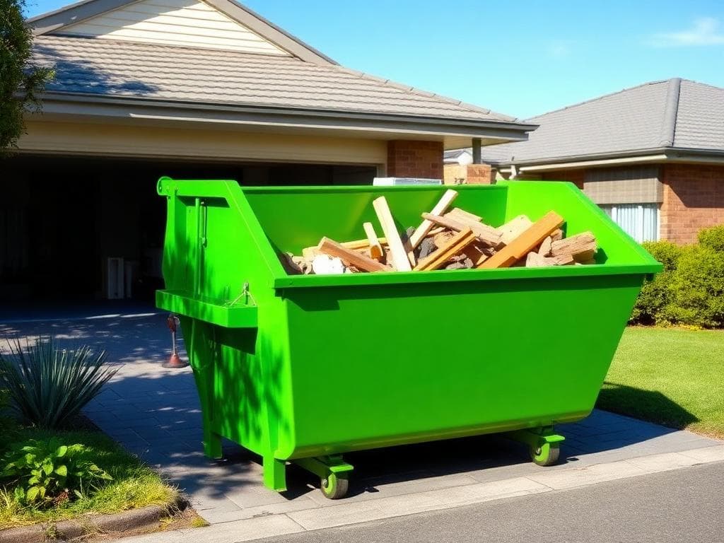 Green skip bin on residential driveway with construction waste