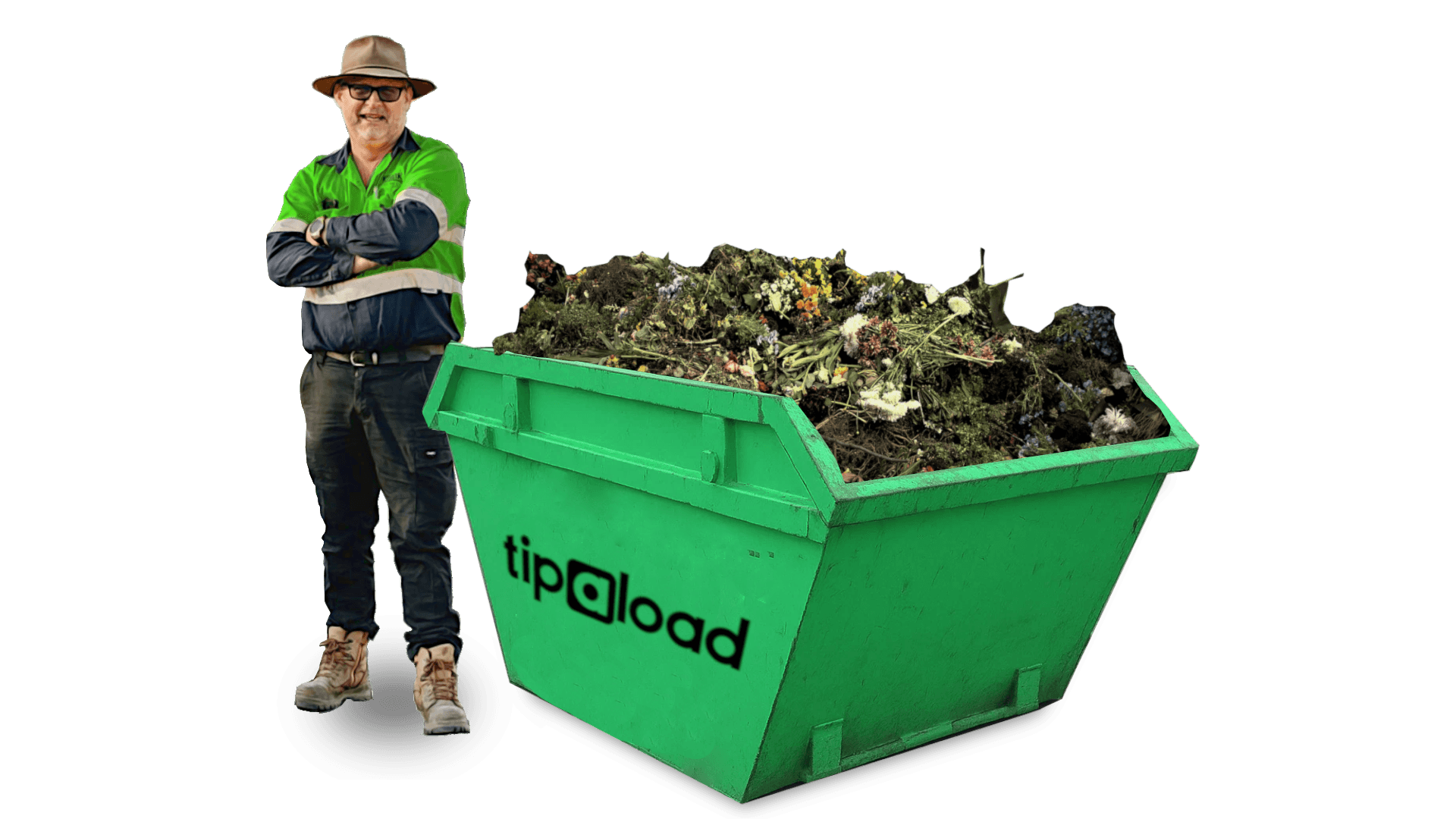 Tipaload worker with green skip bin full of garden waste
