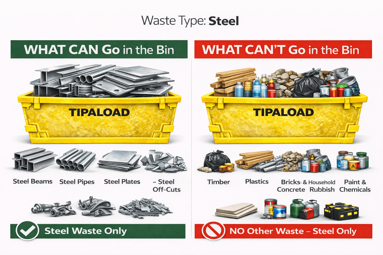 What CAN and CAN'T go in a steel skip bin - visual guide