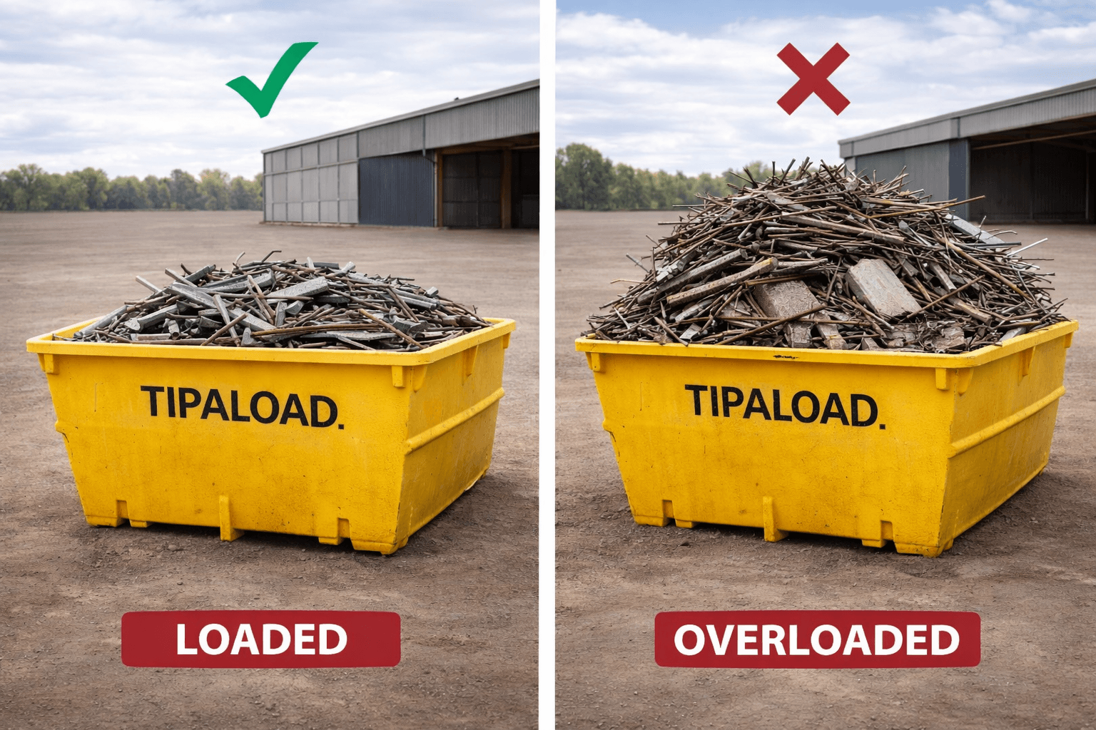 Loaded vs overloaded steel scrap metal skip bin comparison - Tipaload