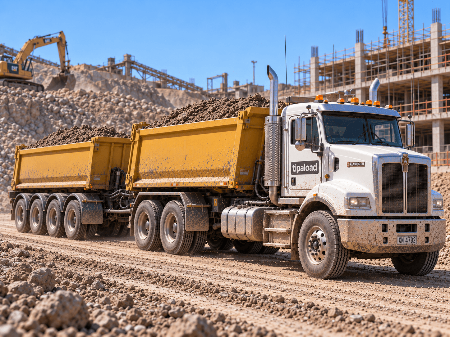 Quad Dog tipper with a four-axle dog trailer on a Sydney worksite